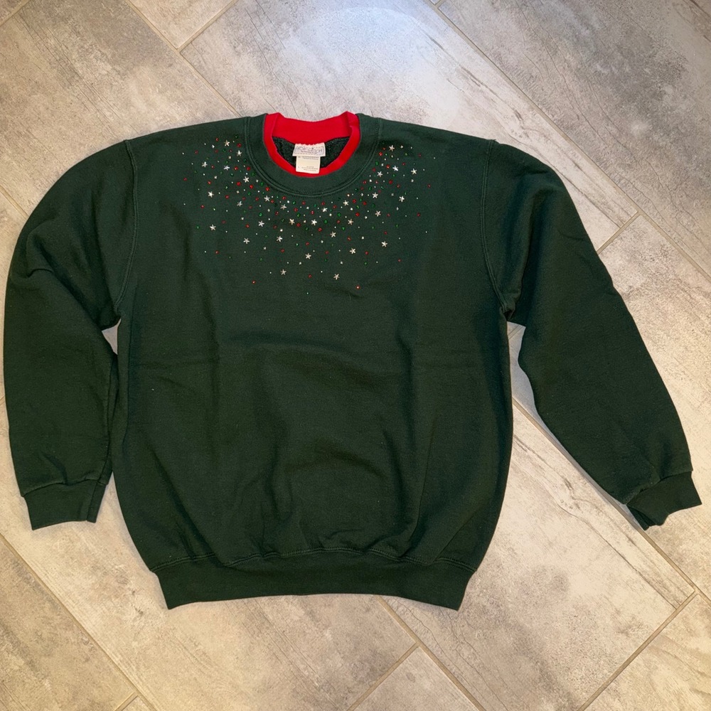 Vintage Top‎ Stitch by Morning Sun Holiday Green Sweatshirt L Stars Embellished